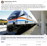 Waashington Rep. Jake Fey "was in Boise last week as part of the Pacific Northwest Economic Region's annual summit… one that got news coverage was a panel discussion with other state legislators on current and future opportunities for states to work together in support of passenger rail."